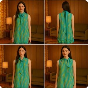 Vintage 60s Irving Nadler Watercolor Shift Dress S/M Green Sleeveless Ruffle Mod